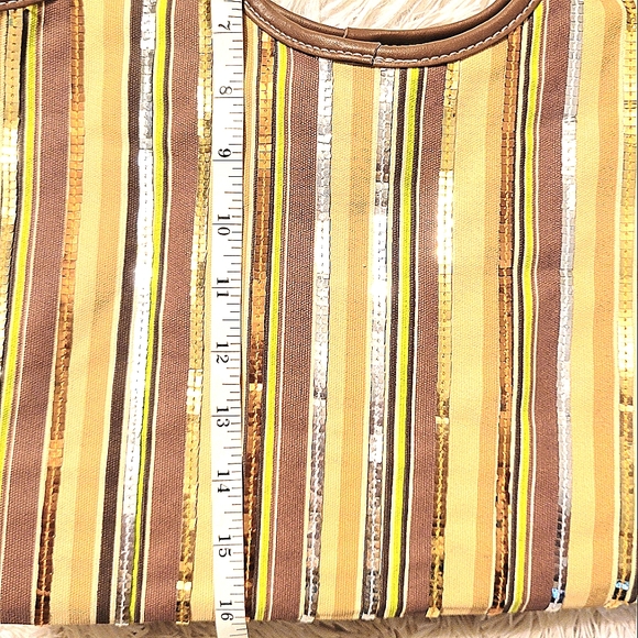 STRIPED LARGE TOTE SHOPPING BAG UNIQUE HAND MADE WITH SEQUINS ACCENT NWOT - Picture 7 of 11